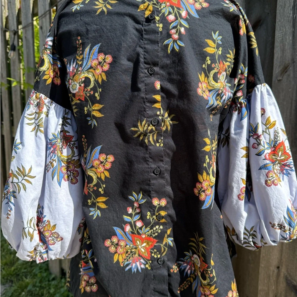 LOFT Black Floral Boho Balloon Sleeve Cotton Blouse XS Cottagecore Romantic